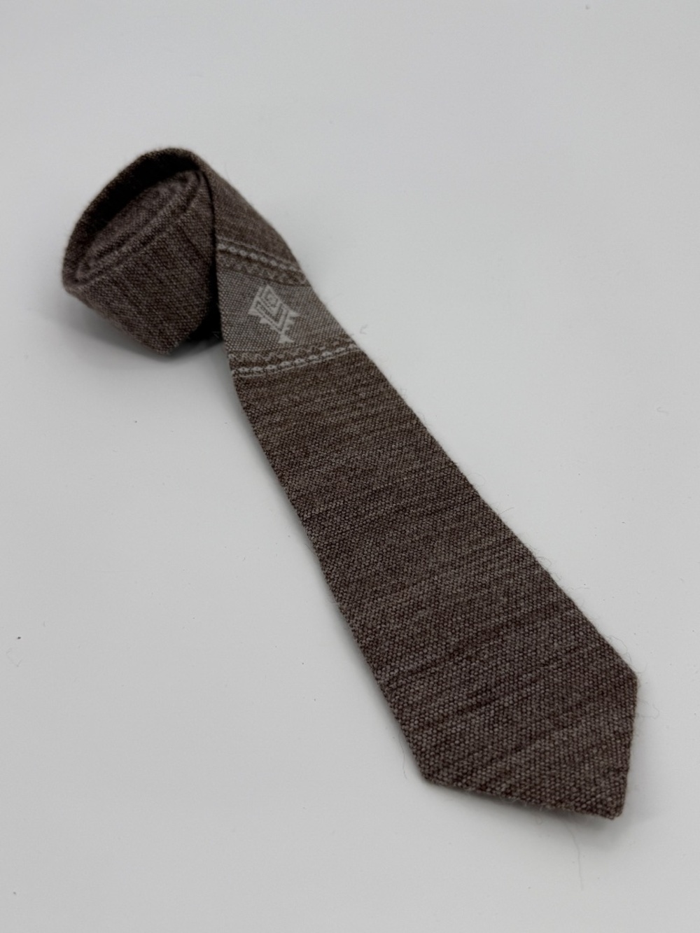 Vintage 70s  Alpaca Necktie Hand Made in Peru Brown Knit Chevron Geometric Boho